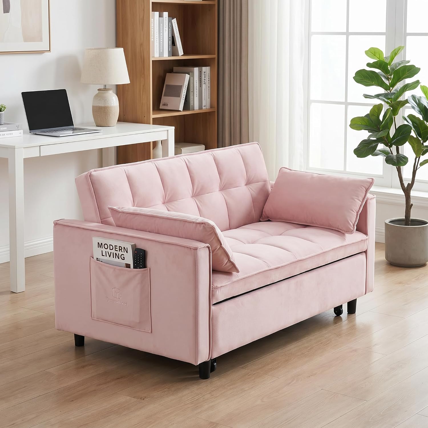 3 in 1 Convertible Sofa Bed, Loveseat Sleeper Sofa with Large Side Pockets, Pull Out Couch with Adjustable Backrest, Easy Assembly, Velvet Couch Bed for Small Spaces, Apartment, Pink