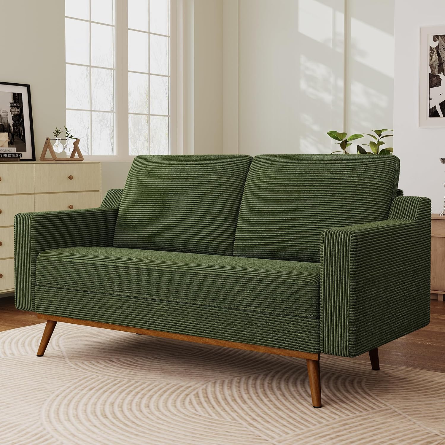 65.4' Loveseat Sofa,Comfy Green Corduroy Love Seat Couches for Living Room,Mid Century Modern Small Couch for Bedroom Office with Spring Cushion,Solid Wood Frame,Tool-Free Assembly