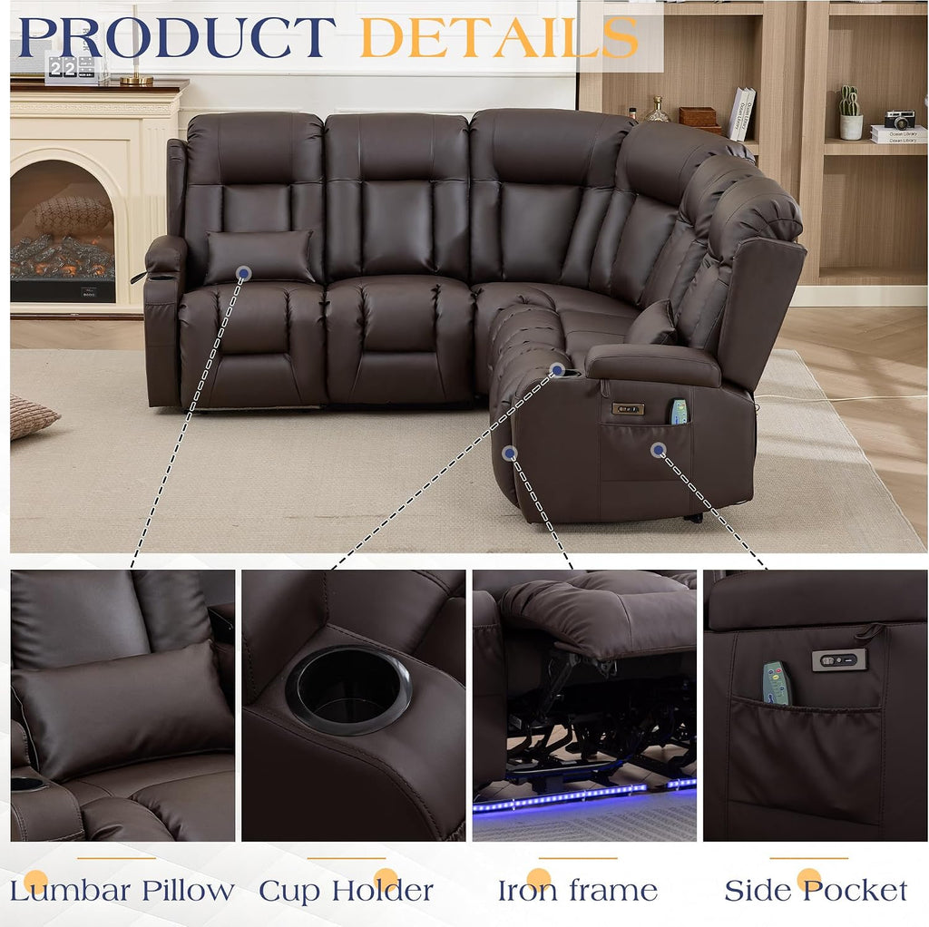 TUNYI Power Loveseat Recliner Sofa with Massage & Heat Home Theater Seating with Console RV Recliner Loveseat Sofa with USB/Storage/Side Pocket/LED Light/Speaker (Light Brown, 4 Seat with Corner)