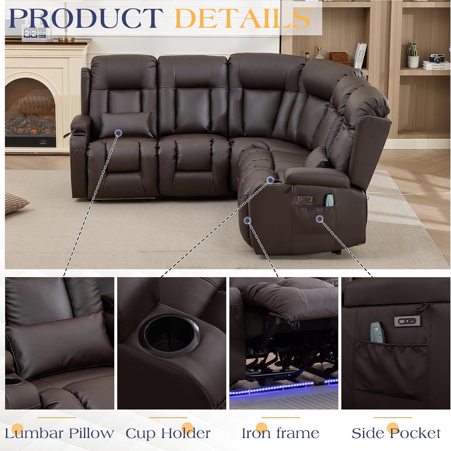 TUNYI Power Loveseat Recliner Sofa with Massage & Heat Home Theater Seating with Console RV Recliner Loveseat Sofa with USB/Storage/Side Pocket/LED Light/Speaker (Light Brown, 4 Seat with Corner)