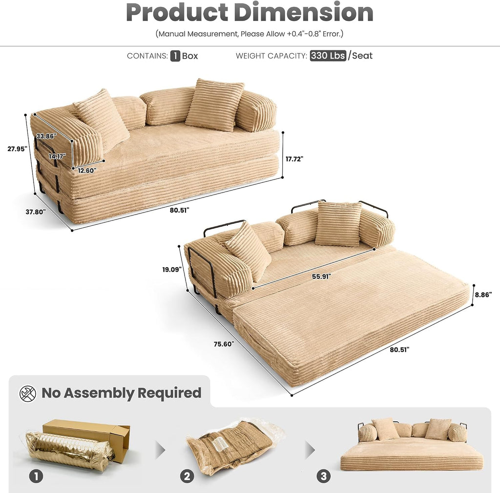 ovios 81' Folding Sofa Bed, Foldable Sleeper Boneless Couch with Pull Out Beds, Modular Convertible Floor Futon Loveseat Lounger for Living Room (Faux Fur, Beige)