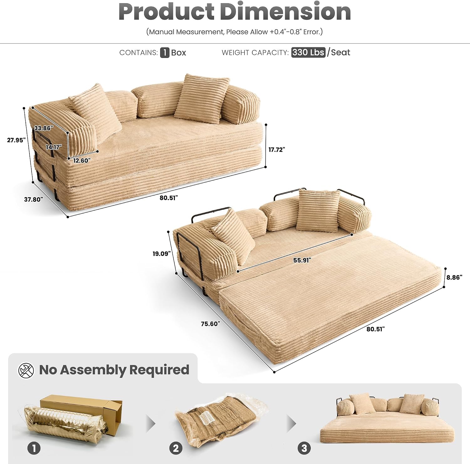 ovios 81' Folding Sofa Bed, Foldable Sleeper Boneless Couch with Pull Out Beds, Modular Convertible Floor Futon Loveseat Lounger for Living Room (Faux Fur, Beige)