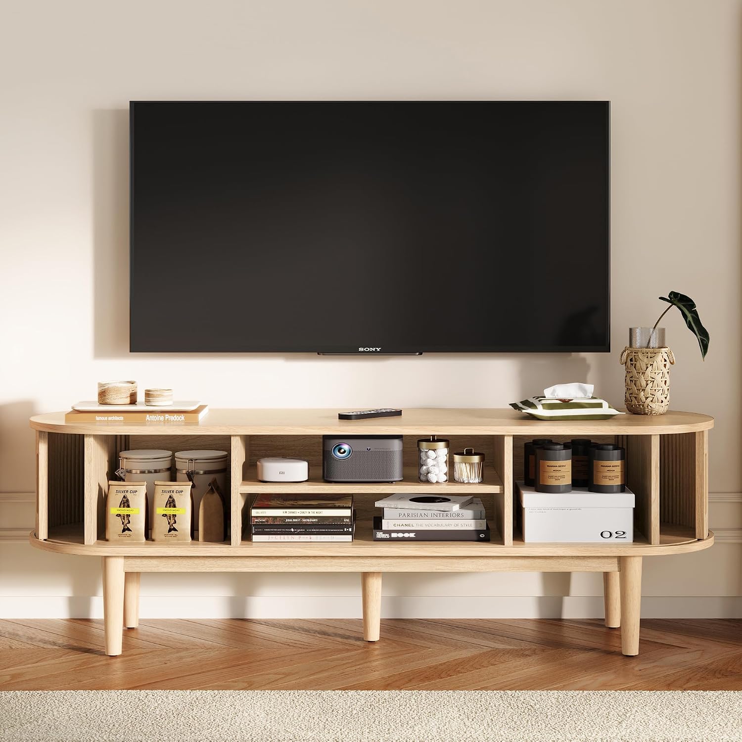 LINSY HOME 58' Fluted TV Stand for TVs up to 65 Inch, Mid Century Modern Entertainment Center with Storage Cabinet and Sliding Doors, Farmhouse Wood Media TV Console for Living Room, Bedroom, Oak