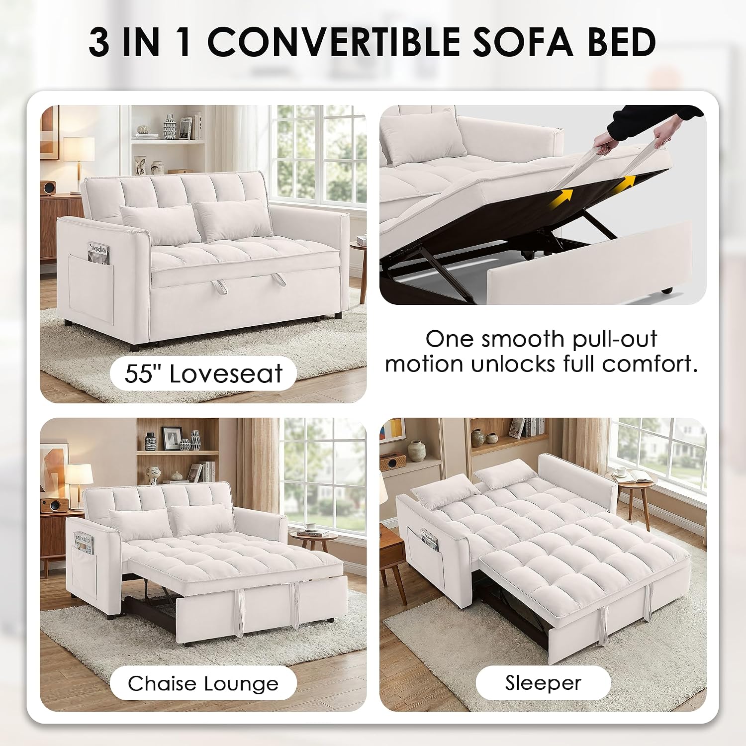 3 in 1 Convertible Sleeper Sofa Bed, 55' Pull Out Couches, Modern Loveseat Sleeper Sofa with Adjustable Reclining Backrest & Side Pockets for Living Room, Velvet Fabric, Beige
