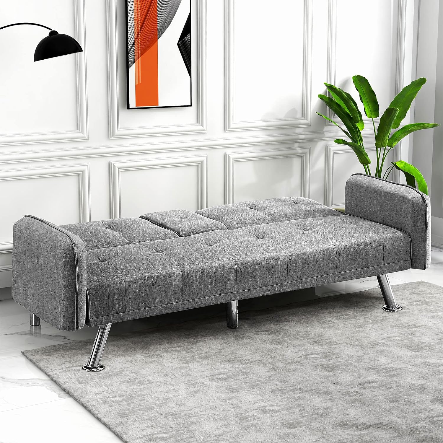 Futon Sofa Bed, Convertible Couch with 2 Cup Holders, Loveseat with Armrest for Studio, Apartment, Office, Living Room, Light Grey