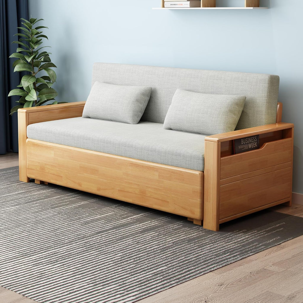 71'queen convertible sofa sleeper,grey cushion sectional sleeper with reversible chaise,wood couch bed 3 in 1 pull out sofa bed,log color sofa for livingroom,apartment,bedroom,office with storage