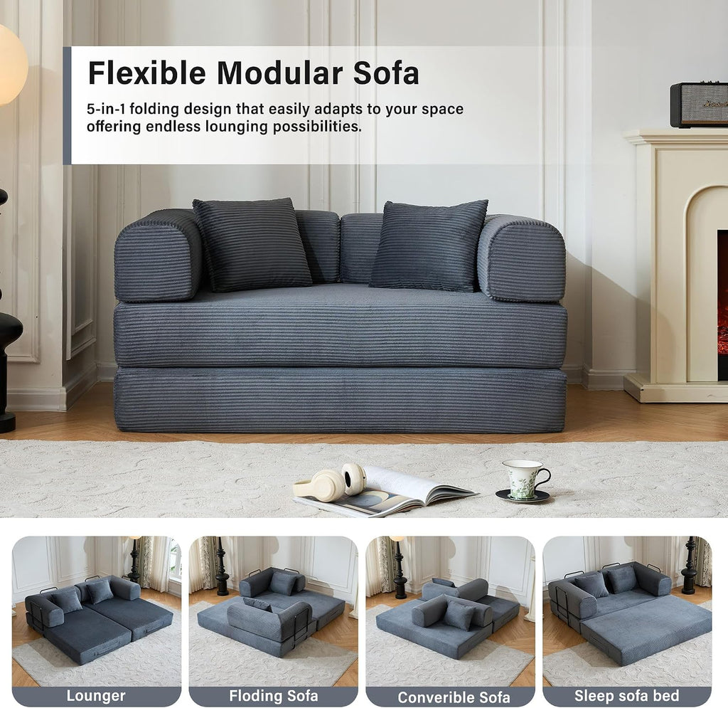 59' Boneless Folding Convertible Sofa Bed, Small 2-Seater Corduroy Futon Floor Couch with Pull Out Sleeper, No Assembly Boneless Loveseat for Living Room (Dark Gray)