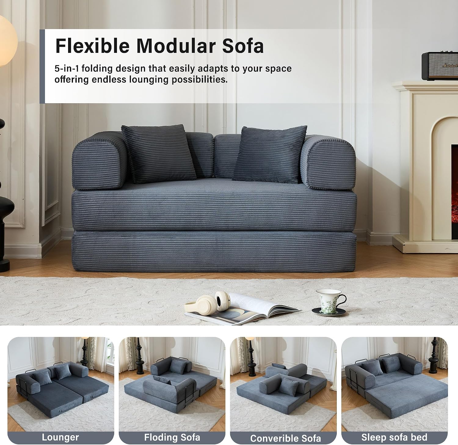 59' Boneless Folding Convertible Sofa Bed, Small 2-Seater Corduroy Futon Floor Couch with Pull Out Sleeper, No Assembly Boneless Loveseat for Living Room (Dark Gray)