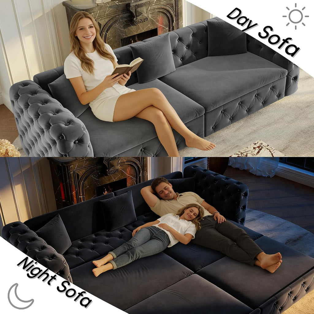 89' Pull Out Sofa Bed King Size, Velvet Chesterfield Sleeper Sofa Couch, 3 in 1 Convertible Recliner, Modern Tufted Deep Seat Couches for Living Room, Small Space, Apartment, Concrete Gray