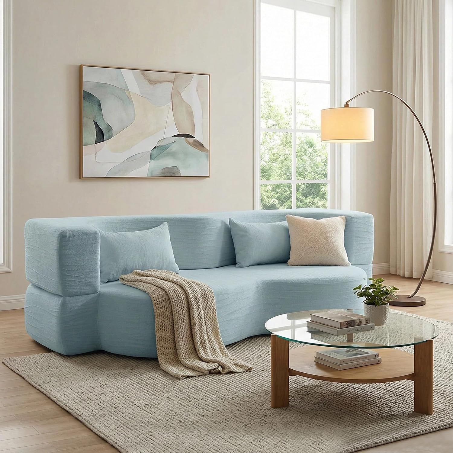 2-in-1 Convertible Sofa,78 Inch Pull Out Sofa Folding Sofa Bed with 2 Pilow Lazy Sofa, Teddy Loveseat Sleeper Floor Sofa for Apartment Children's Room Bedroom Living Room (Teddy, Light Blue)