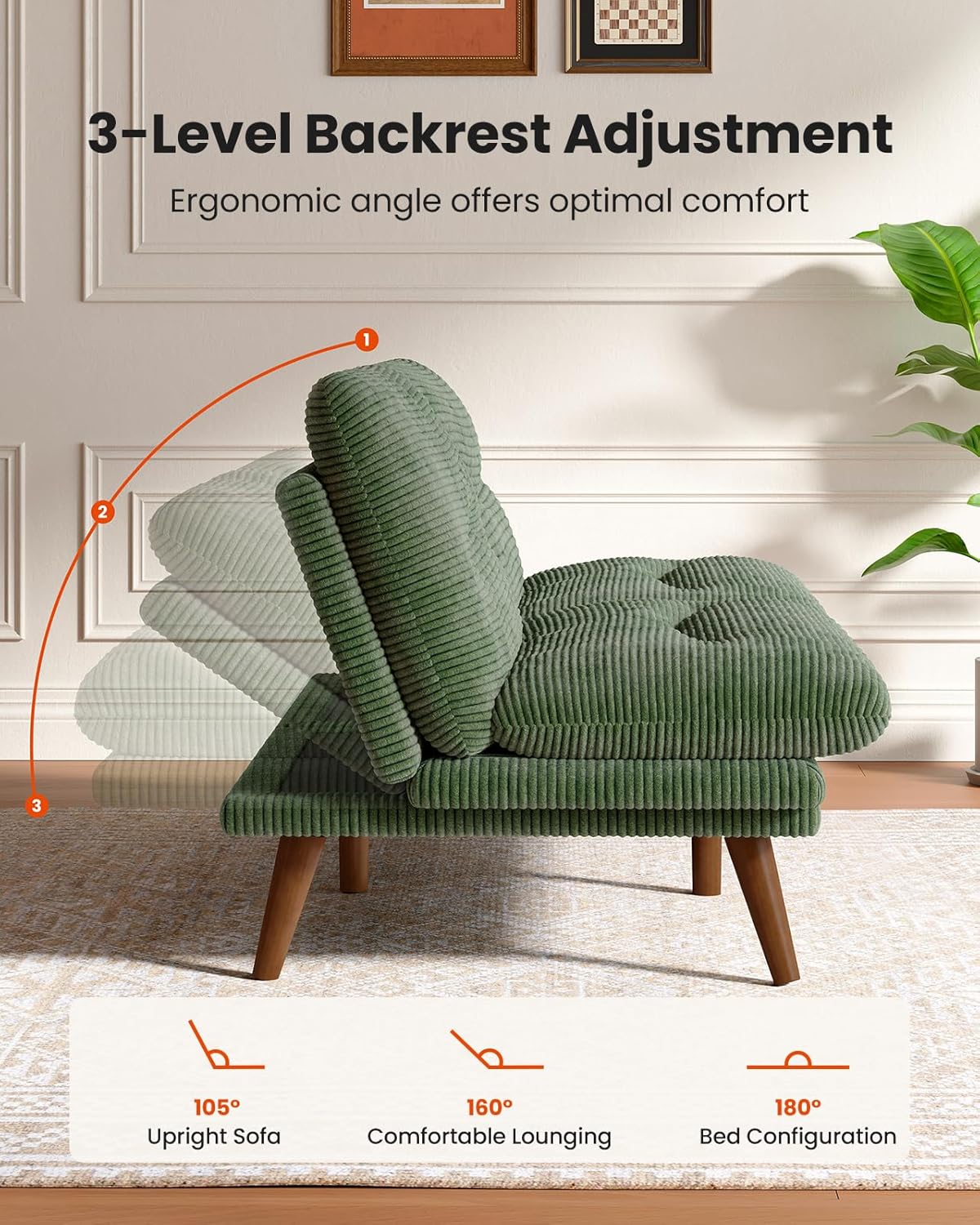 66″Futon Sofa Bed,3-in-1 Futon Couch w/Adjustable Backrest & Armrests, Convertible Sleeper Sofa Bed, Small Folding Sleeper Recliner w/Removable Cushion for Apartment, Living Room,Office (66in,Green) | Corduroy