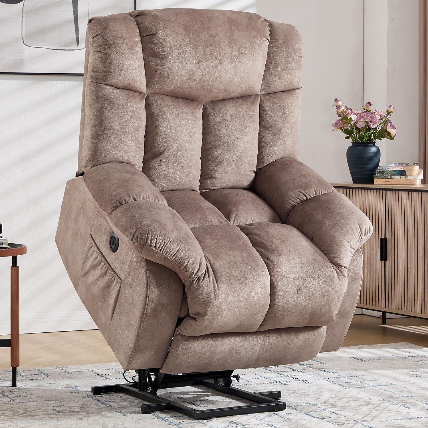 CANMOV Power Lift Recliner Chair for Elderly, Heavy Duty and Safety Motion Reclining Mechanism-Antiskid Fabric Sofa Living Room Chair with Overstuffed Design, Light Tan