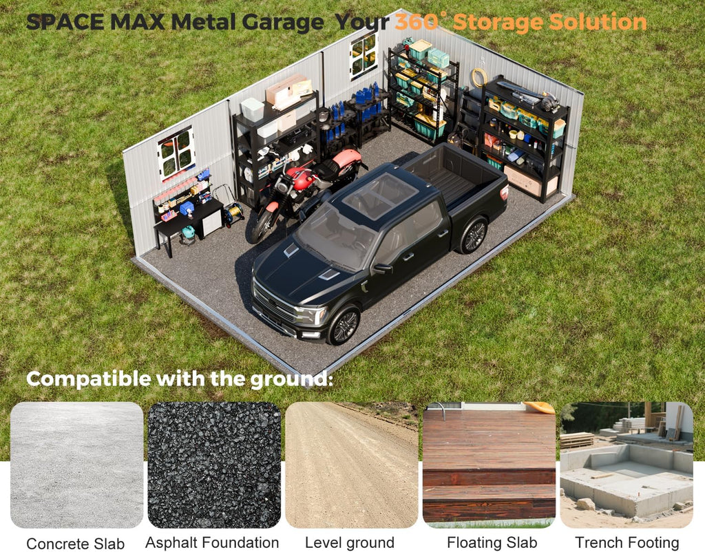 K Knowbody 13x20x8.3 FT Metal Garage Shed with Base Floor Kit, Heavu-Duty Powder-Coated 18-Gauge Steel Frame, 100 PSF Snow & 150 MPH Wind Rated, Skylight Dual-Entry Carport Workshop