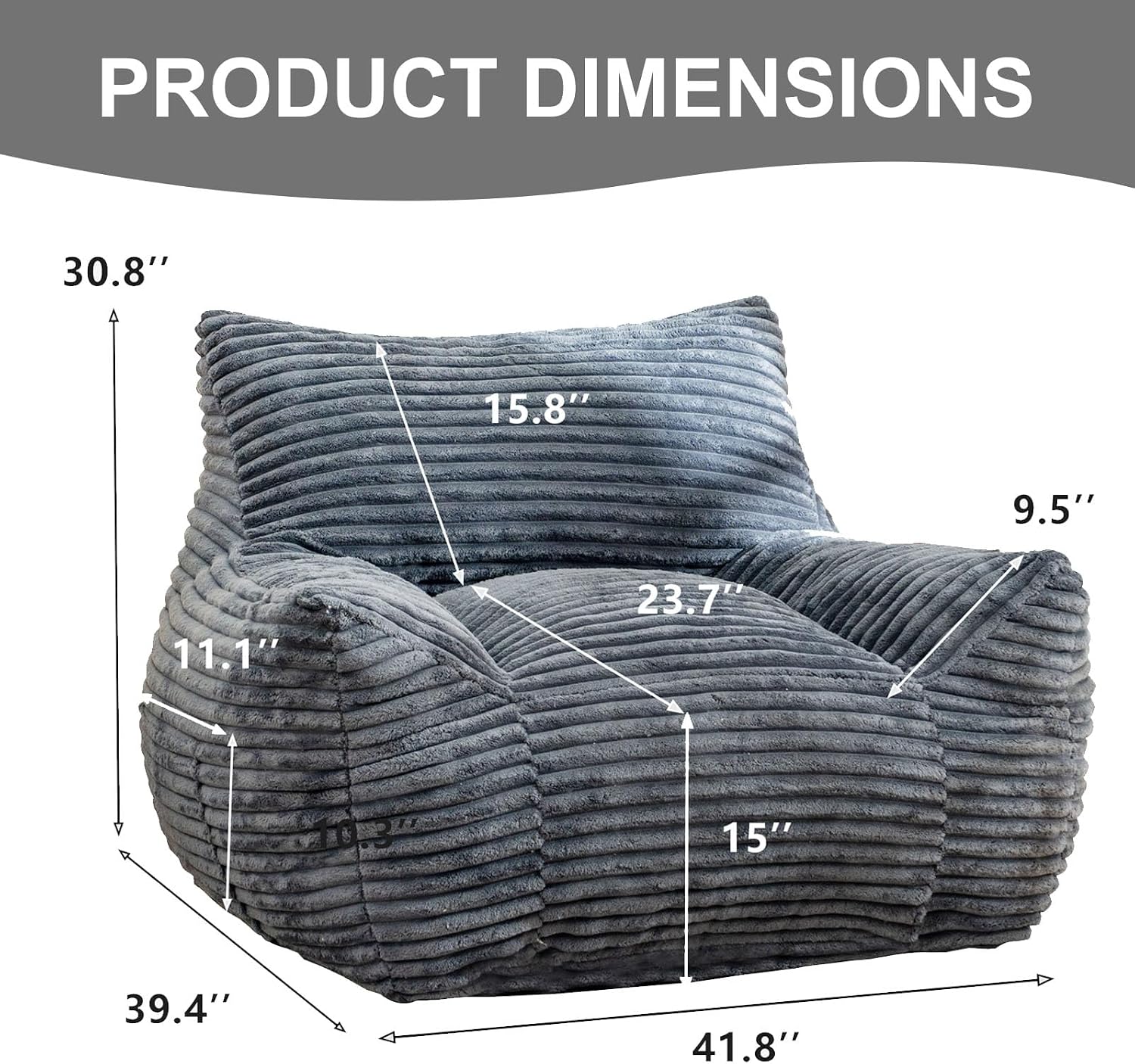 Bean Bag Chair for Adults, Comfy Corduroy Beanbag with Armrests, Lazy Sofa Floor Chair for Living Room, Bedroom, Dorm & Lounge, Cozy Fluffy Single Mini Couch (Gray)