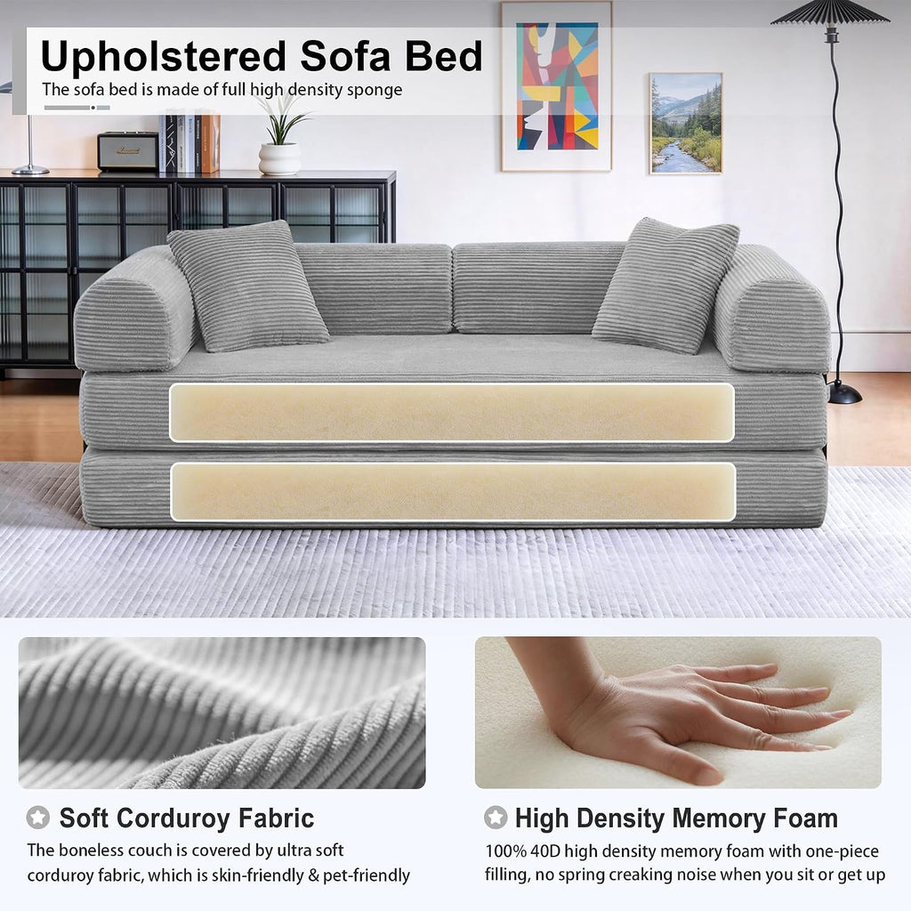 JJJ 78 inch Sofa Bed 4-in-1 Boneless Convertible Corduroy Sleeper Folding Couch with Fixed-Shape Frame and 2 Futons No Assemble Required 3 Seater Upholstered for Living Room (Light Grey, 78 inch)