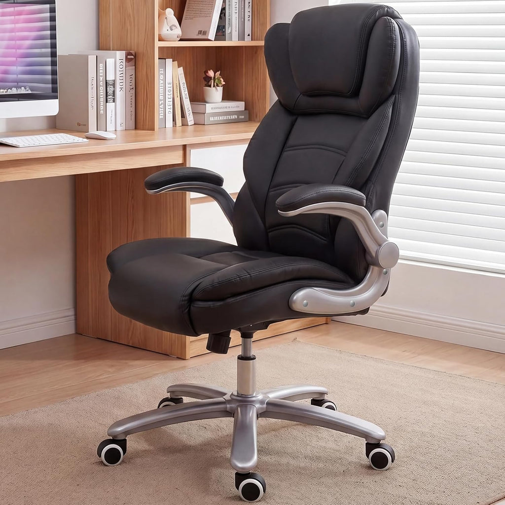 GYI Big and Tall Office Chair 400lb Wide Seat, Ergonomic High Back Leather Executive Desk Chair with Flip-up Arms, Black