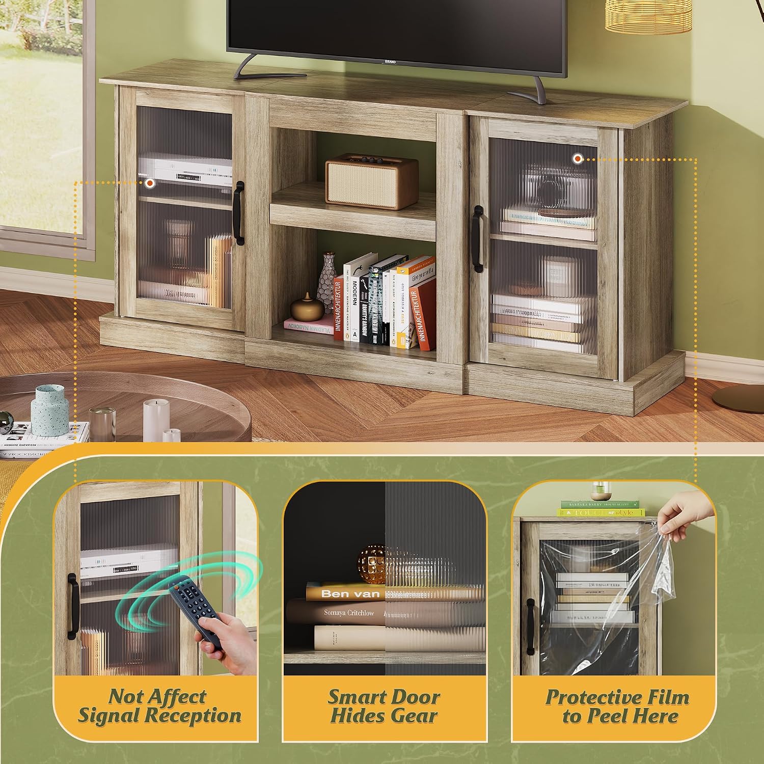 WLIVE Farmhouse TV Stand for 65 inch TV, 58' Entertainment Center with Storage Cabinets, Open Shelves TV Console for Living Room and Bedroom, Greige