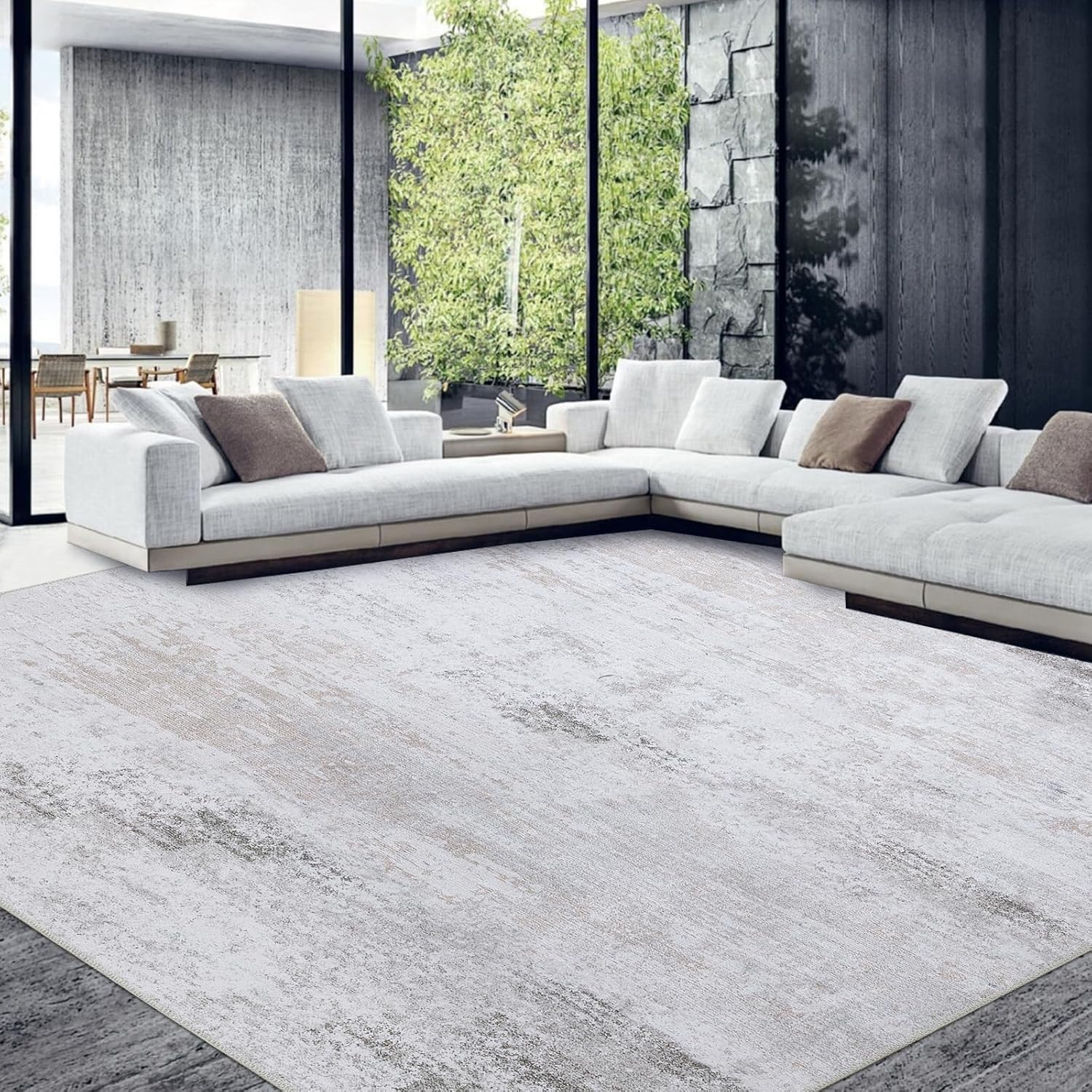 HOMBYS 10x14 Modern Area Rug for Living Room Bedroom, Large Boho Floor Carpet with Non-Slip Backing for Indoor Office Dining Room, Abstract Home Deco Non-Shedding, Camel, Machine Washable