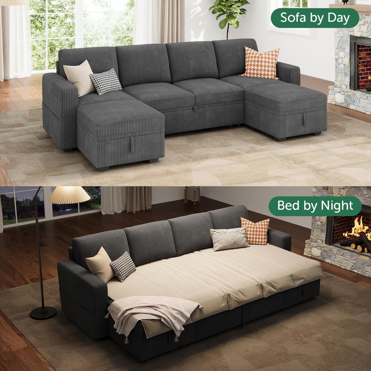HONBAY Modular Sectional Sleeper Sofa Bed, Corduroy Pull Out Couch with Storage Ottoman, U Shaped Sectional Couches for Living Room, Dark Grey