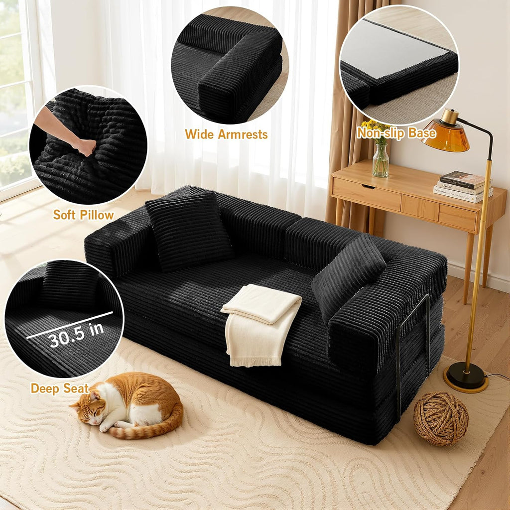 81'' Futon Sofa Bed, Folding Floor Couch Bed, Corduroy Fabric Boneless Couch, Compressed Boneless Sofa in a Box, Comfy Sleeper for Living Room-Black