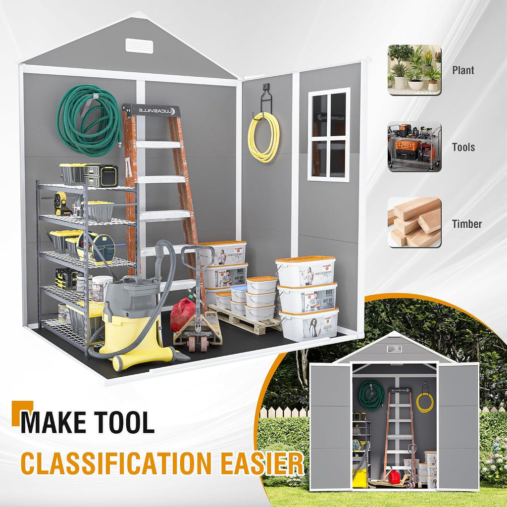 6x5 FT Outdoor Storage Shed, Plastic Garden Shed with Floor, Resin Storage Shed with Window, Waterproof Outside Tool Shed with Lockable Hinged Doors & Air Vents for Backyard, Patio, Lawn, Gray