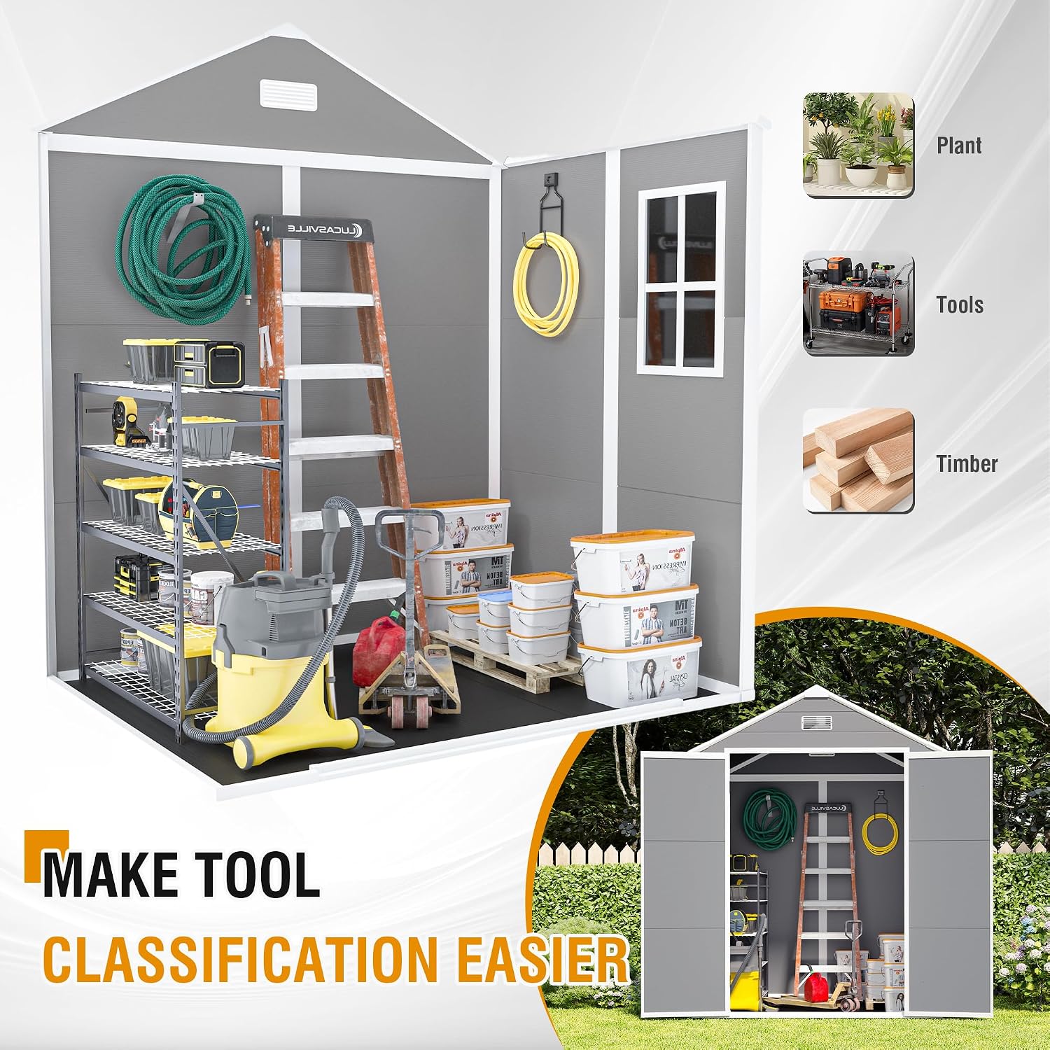 6x5 FT Outdoor Storage Shed, Plastic Garden Shed with Floor, Resin Storage Shed with Window, Waterproof Outside Tool Shed with Lockable Hinged Doors & Air Vents for Backyard, Patio, Lawn, Gray