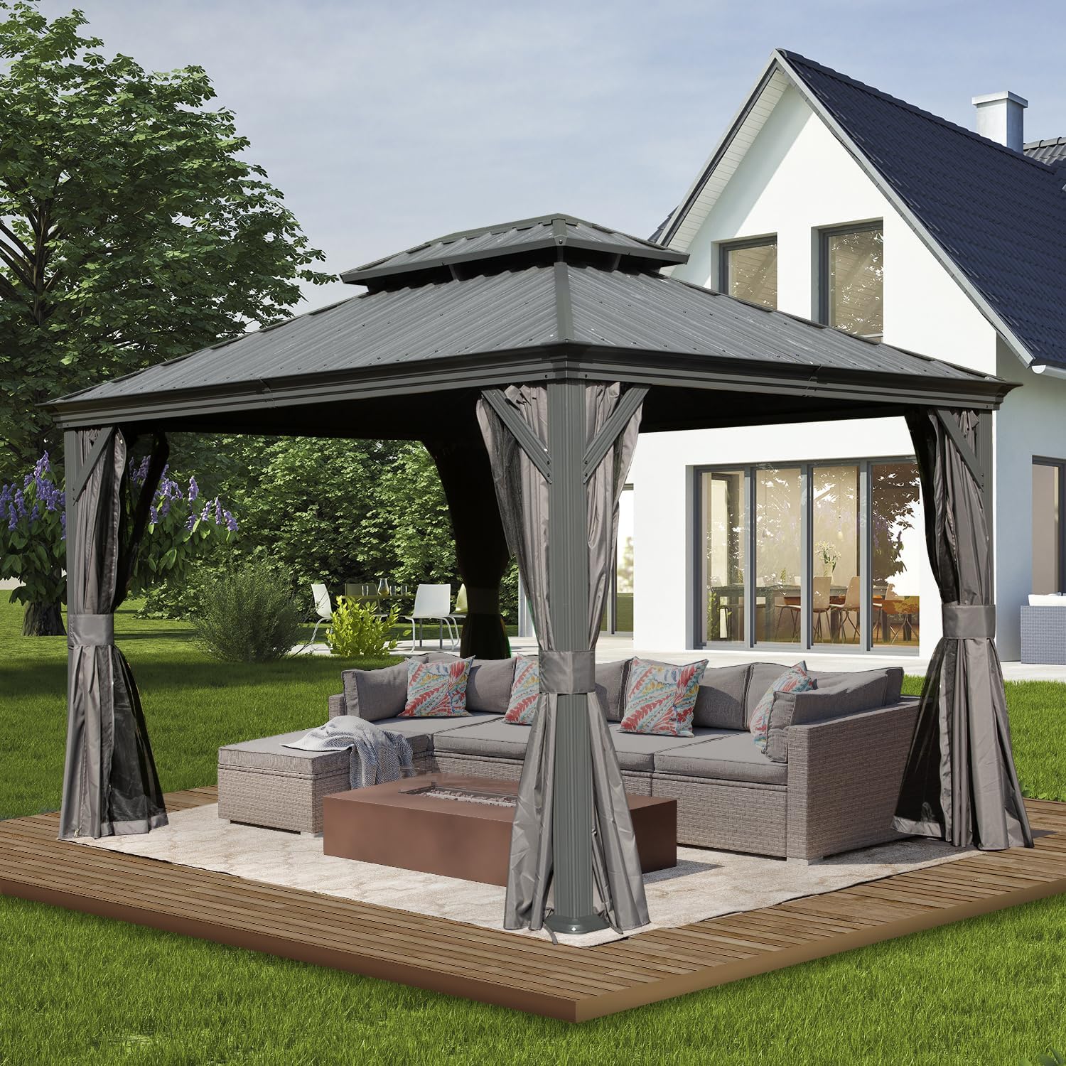 Domi Hardtop Gazebo 10x12FT, Outdoor with Galvanized Steel Double Roof, Metal Gazebo with Drainage System, Detachable Curtain and Netting, Metal Pavilion for Patio Deck Garden, Gray