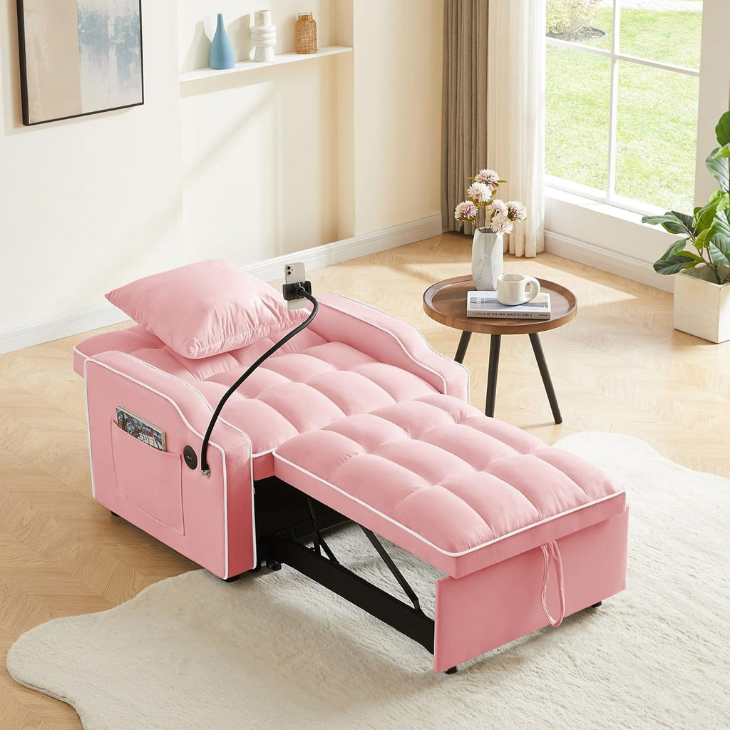 Convertible Single Sleeper Chair Bed,3 in 1 Velvet Futon Sleeper Sofa Bed with Phone Holder&USB Ports,Pull Out Couch Bed,Adjustable Recliner Armchair bed for Living Room,Office,Small Places(Pink)