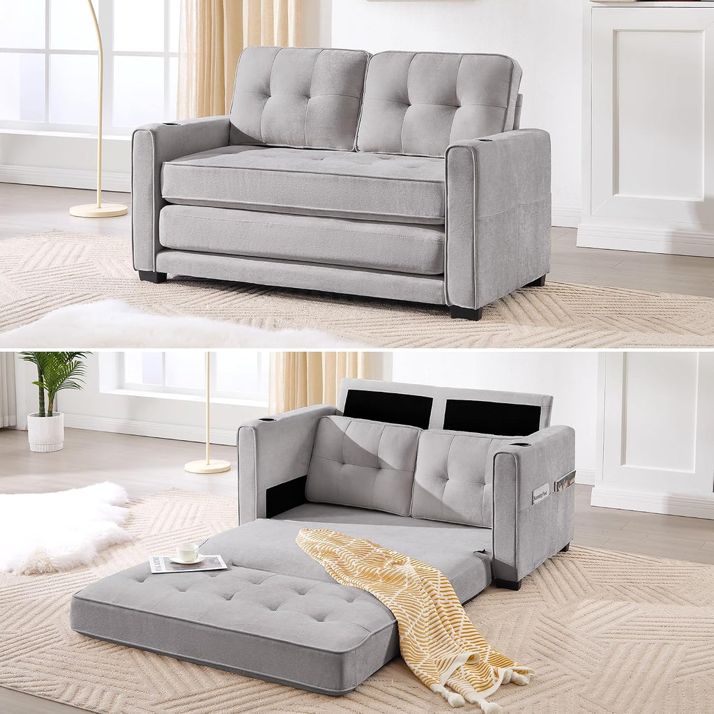 Convertible Sofa Bed, Pull Out Loveseat Sleeper Couch,Linen Fabric 2 in 1 Folding Couch Bed, Fold Out Floor Futon Couches with Cup Holder for Living Room, Bedroom,Small Space, Light Grey