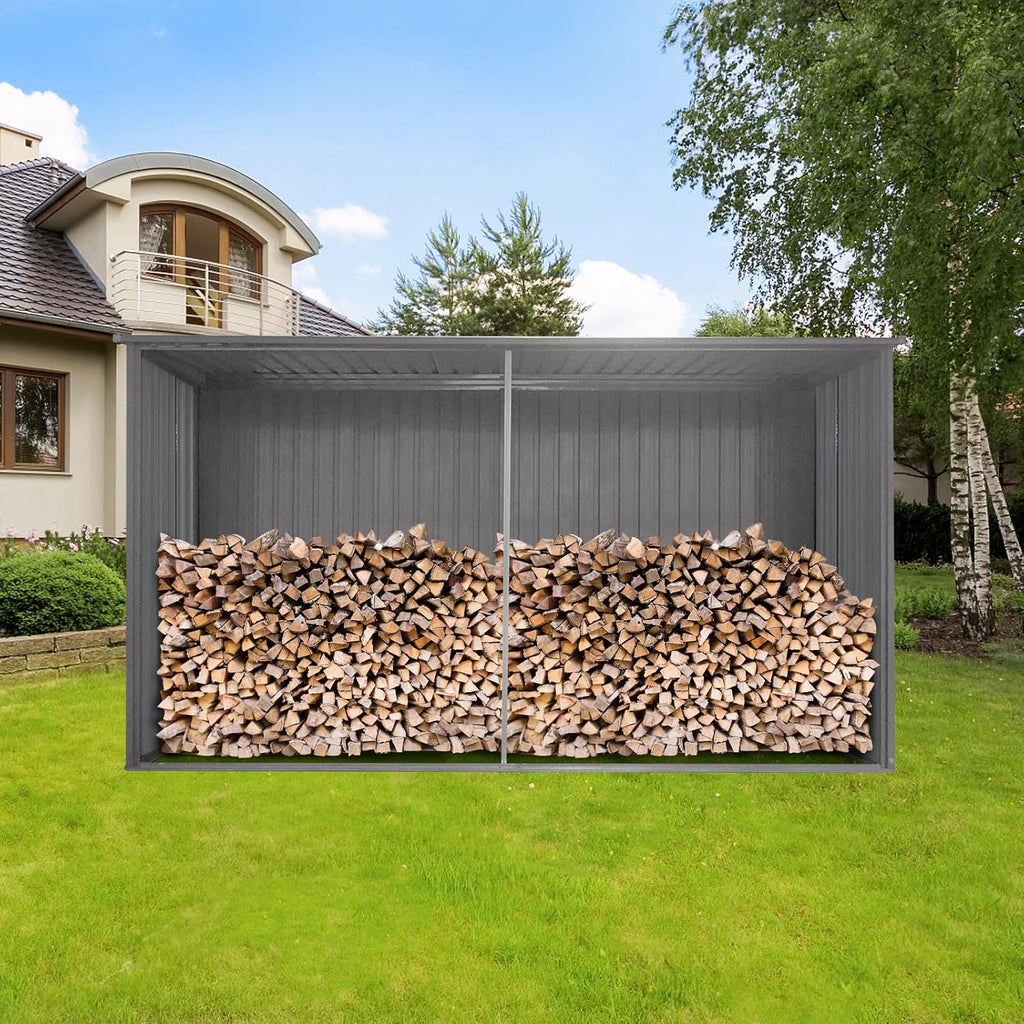 YOPTO 11x13 FT Outdoor Storage Shed,Metal Waterproof Tool House with Firewood Shed and 2 Integrated Punched Vents,2-in-1 Garden Storager Apex Roof Shelter w/Window & Door for Wood,Bicycles,Grey