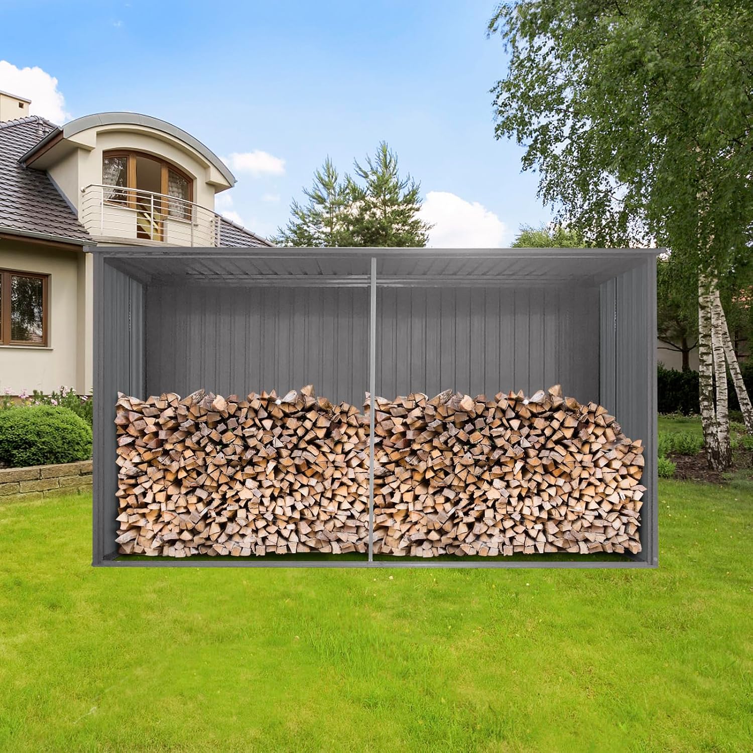 YOPTO 12x14 FT Sheds & Outdoor Storage,Metal Waterproof Firewood Shed with 2 Integrated Punched Vents,2-in-1Heavy-Duty Garden Tool House w/Window & Door,Shelter for Wood,Bicycles,Grey