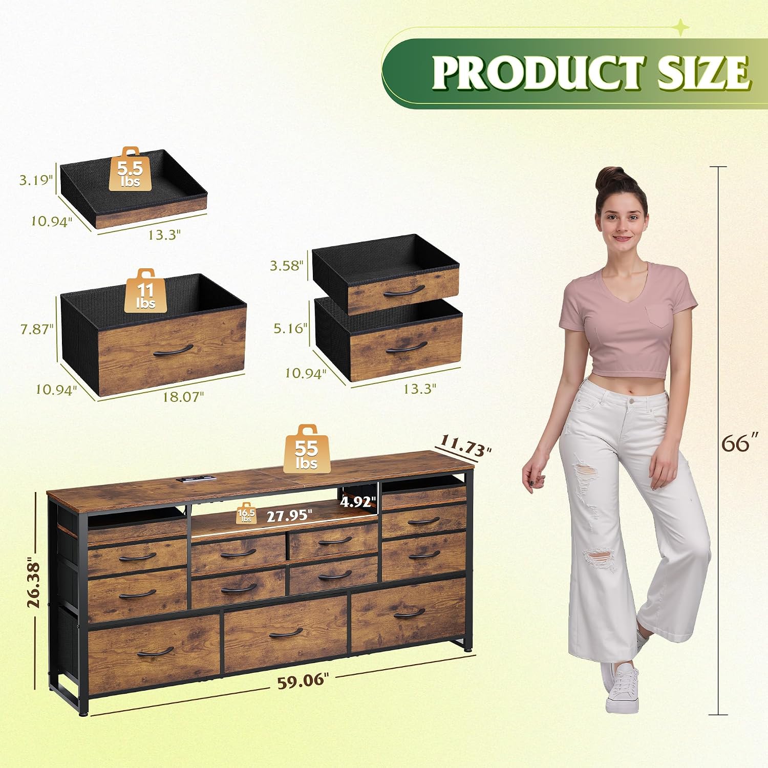 WLIVE Long Dresser for Bedroom, TV Stand for 55, 60, 65 Inch TV, 13 Drawer Wide Fabric Dresser with Wood Top, Large Chest of Drawers for Living Room, Hallway, Closet, Rustic Brown Wood Grain Print