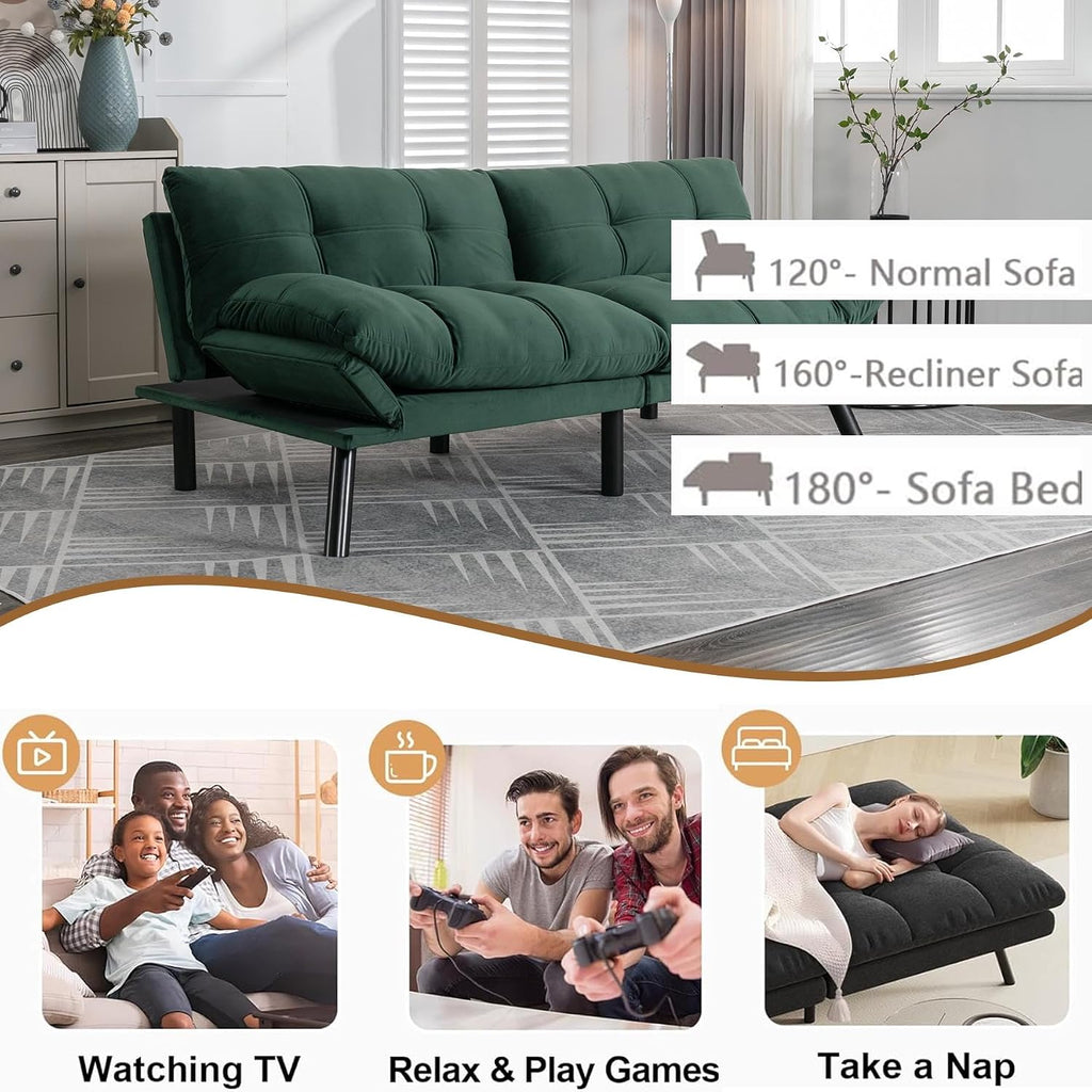 Anwick Velvet Convertible Futon Sofa Bed,71' Modern Comfy Loveseat Sleeper Sofa with Adjustable Backrest Armrest,Folding Futon Sleeper Recliner for Living Room,Office,Apartment (Emerald)
