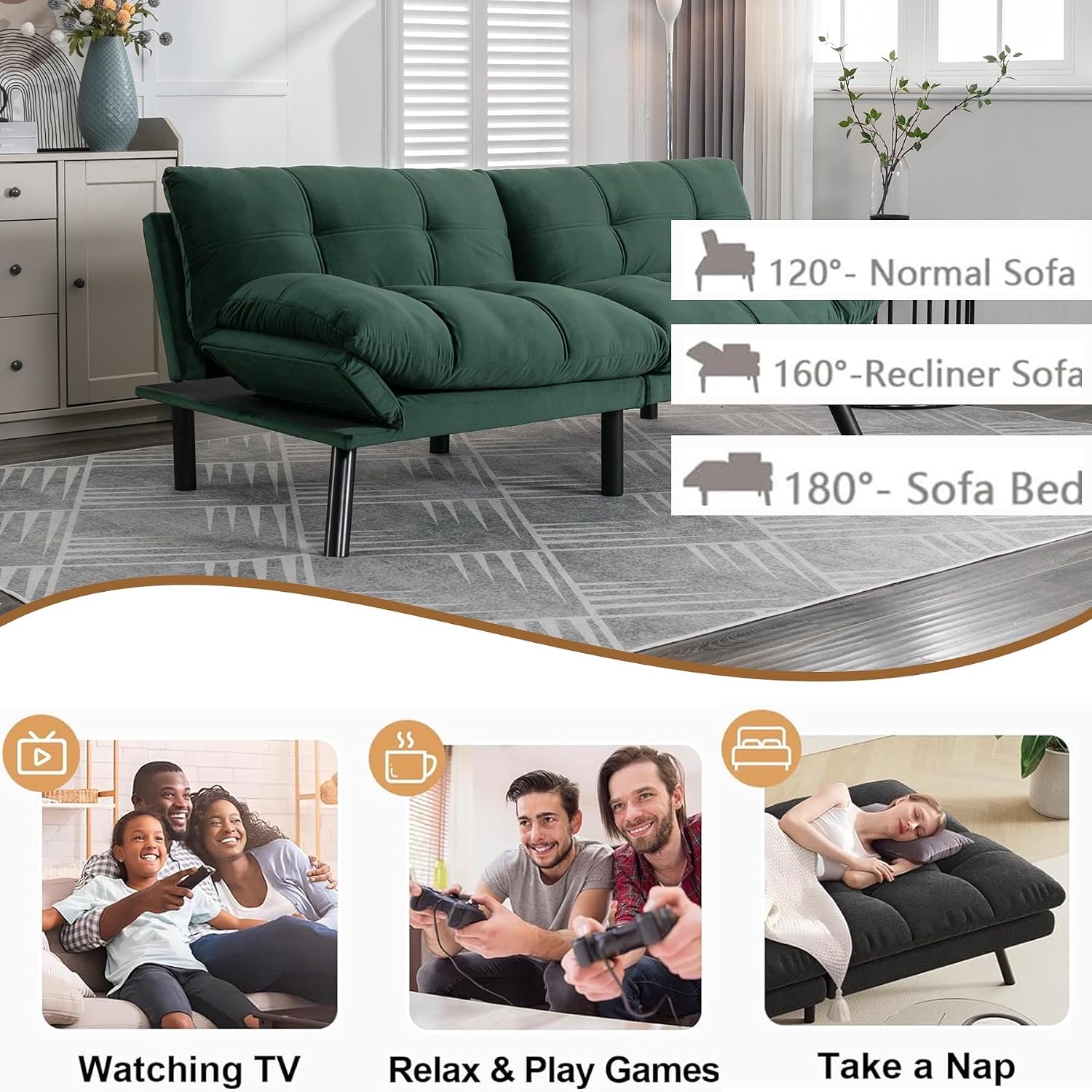 Anwick Velvet Convertible Futon Sofa Bed,71' Modern Comfy Loveseat Sleeper Sofa with Adjustable Backrest Armrest,Folding Futon Sleeper Recliner for Living Room,Office,Apartment (Emerald)