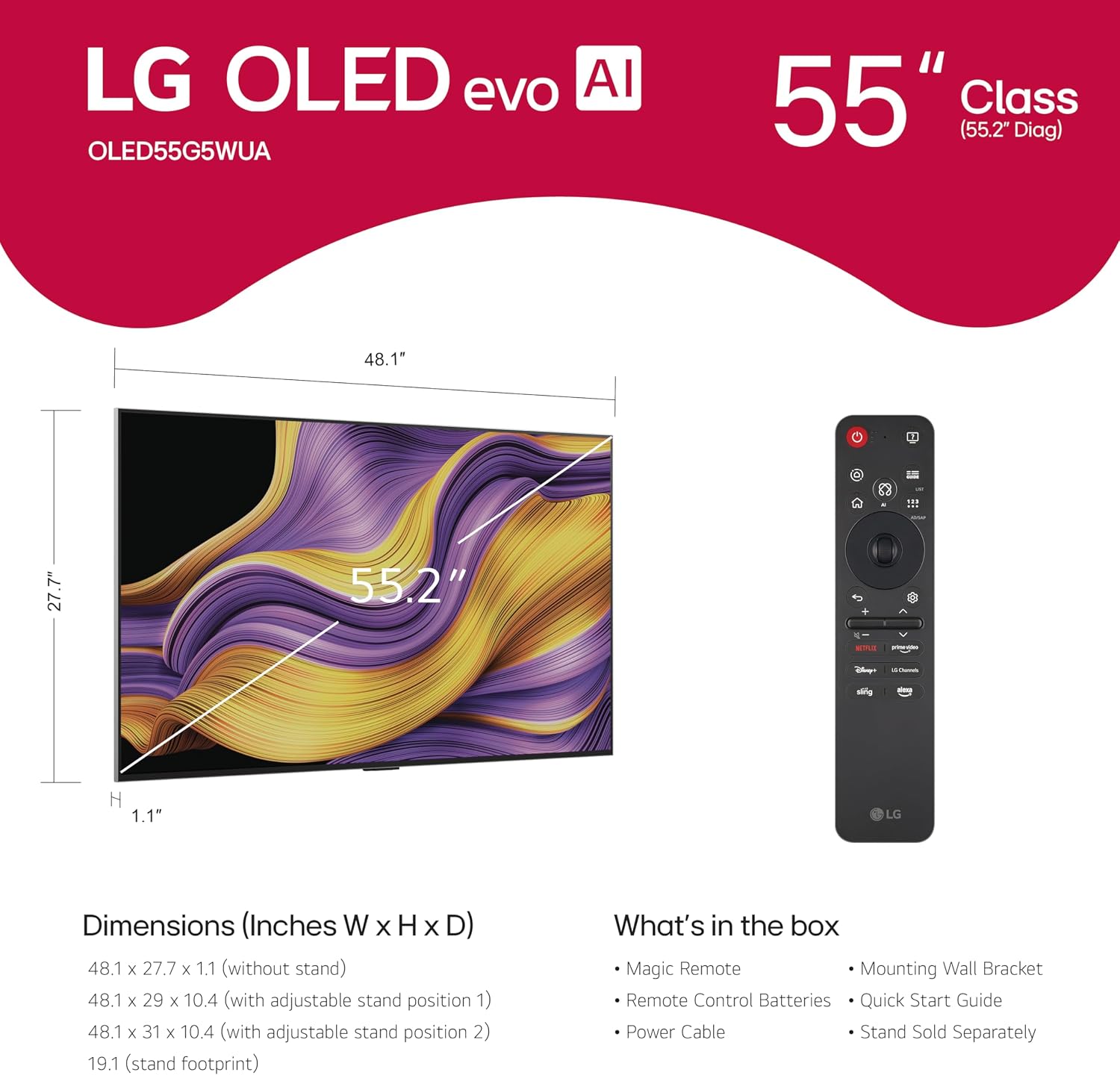 LG 55-Inch Class OLED evo AI Super Upscaling 4K G5 Series Smart TV w/Dolby Atmos & Vision, HDR10, Filmmaker Mode, Wow Orchestra, Alexa Built-in (OLED55G5WUA, 2025)
