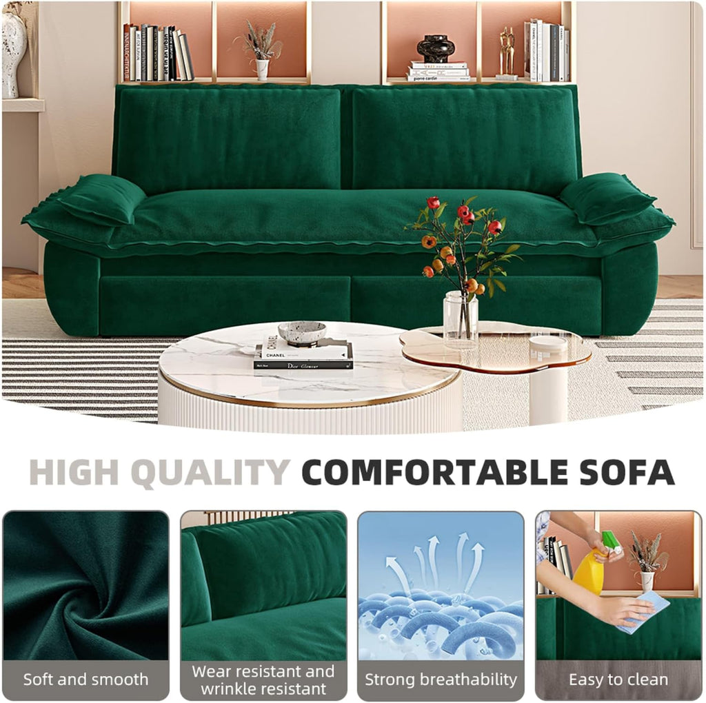 3 in 1 Convertible Queen Sleeper Sofa Bed Comfy Pull Out Futon Couch Bed 73.2' Modern Velvet Recliner Loveseat Sofa Multi-Functional Green Cloud Couch for Living Room,Apartment,Office (Green 73.2')