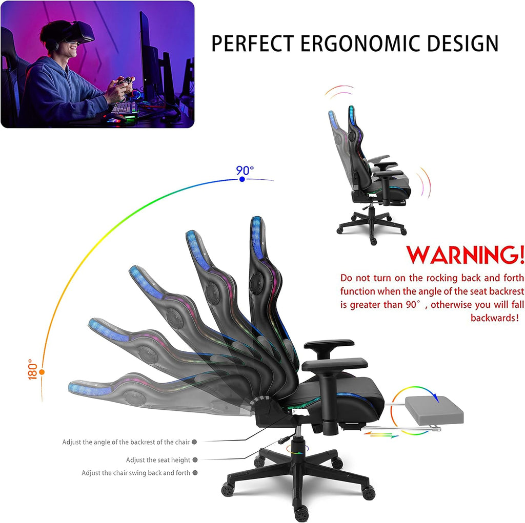 Adult Video Gaming Chair with 7-Point Massage Function and Speakers,Ergonomic Gaming Chair with Footrest and Lumbar Support,PU Leather, 360° Swivel,180° Tilt High Back Office Chair.,Black