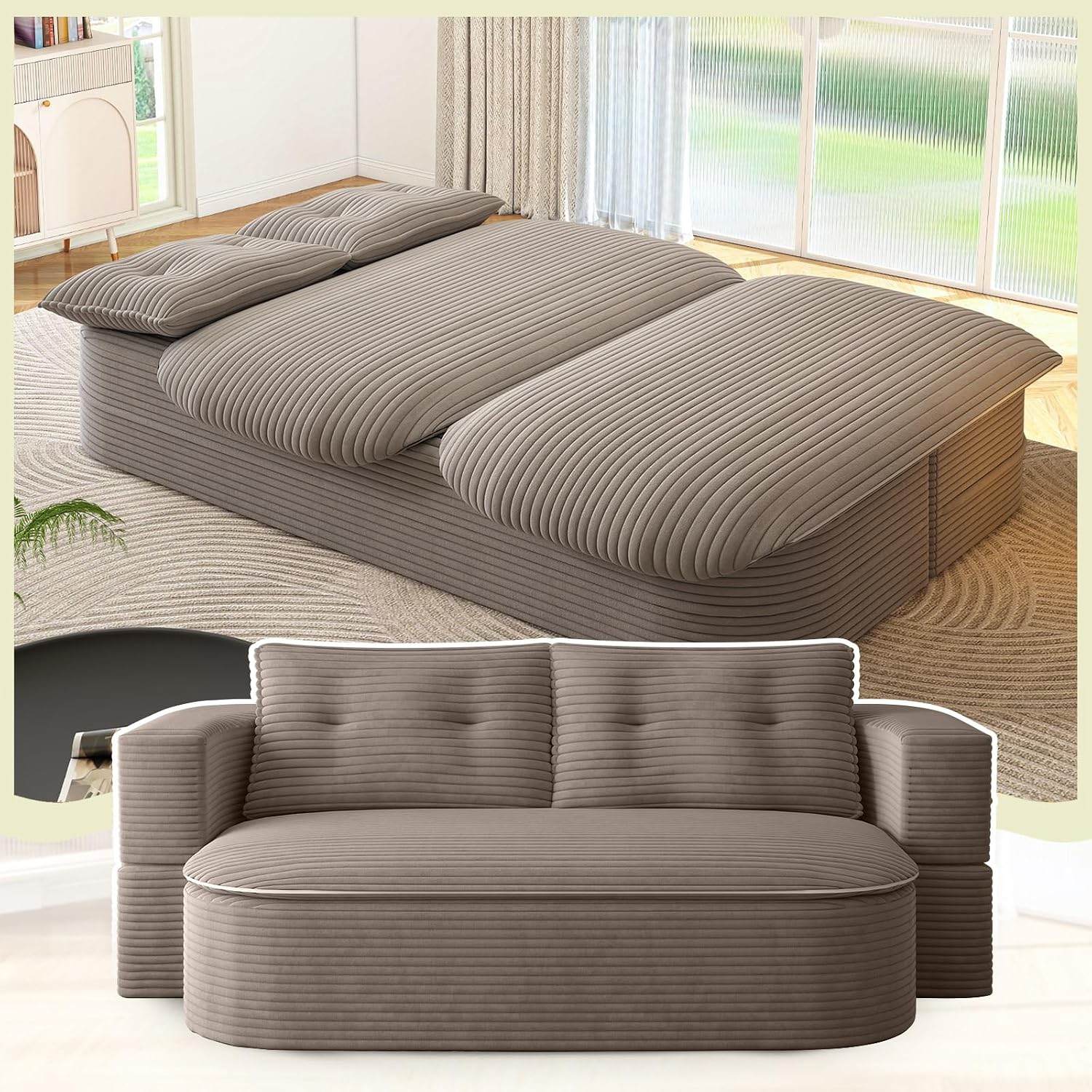 Convertible Sleeper Sofa, Modern 78-inch Folding Futon Corduroy Floor Foam Compression Loveseat Sofa Bed Couch, Foldable Full Size Guest Bed with 2 Pillows for Living Room Bedroom Apartment, Coffee
