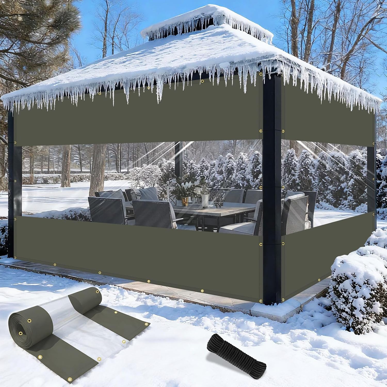 Shade&Beyond Outdoor Vinyl Curtain, 14'W x 20'L Heavy Duty Clear Tarp with Grommets Waterproof, Privacy Clear Panel UV-Resistant for Pergola Gazebos Porch Enclosure Patio(Customized Size, Gray)