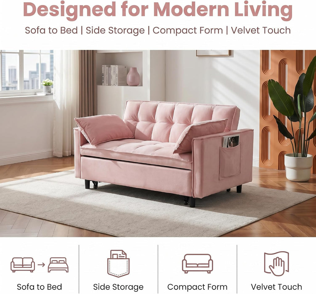 3 in 1 Convertible Sofa Bed, Loveseat Sleeper Sofa with Large Side Pockets, Pull Out Couch with Adjustable Backrest, Easy Assembly, Velvet Couch Bed for Small Spaces, Apartment, Pink