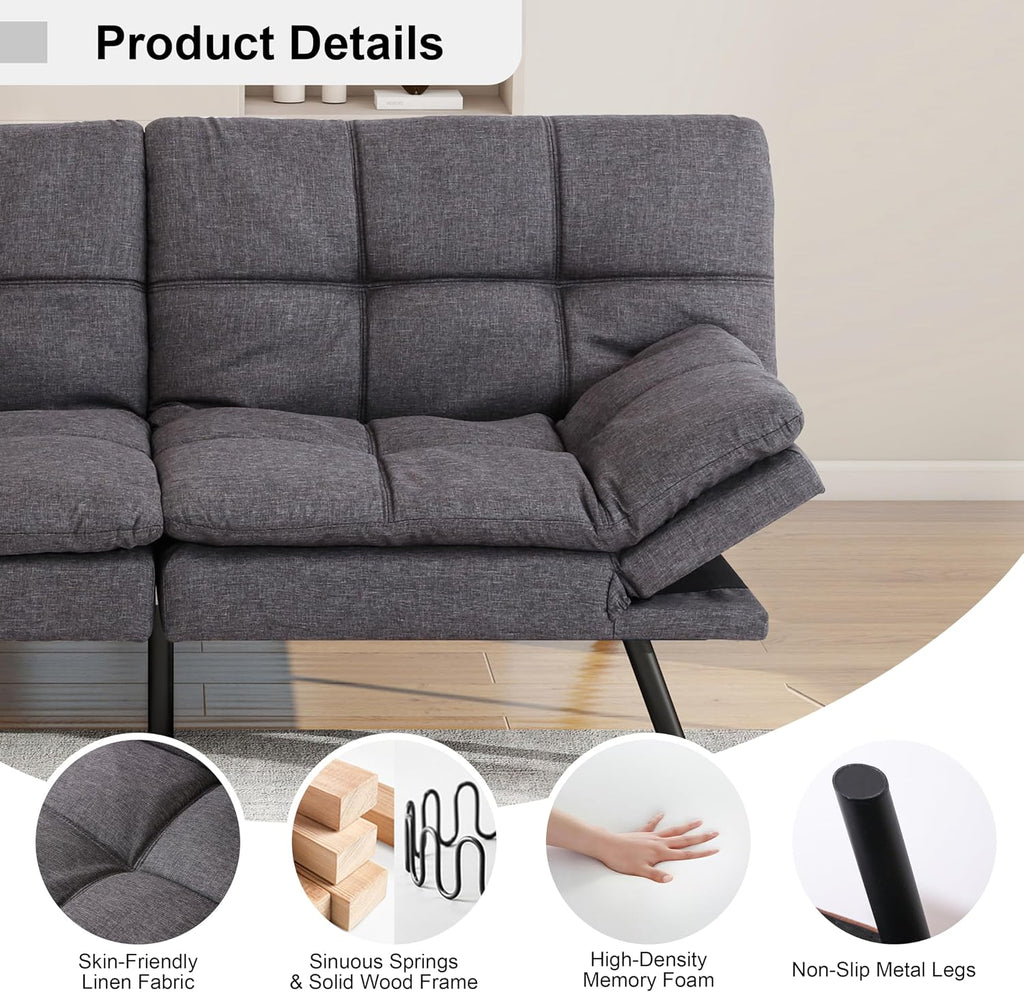 MUUEGM Futon Sofa Bed, 71' Comfortable Memory Foam Futon Sofa with Adjustable Backrest & Armrests, Convertible Loveseat Recliner Sleeper Sofa Bed for Compact Living Room, Apartment, Office, Grey