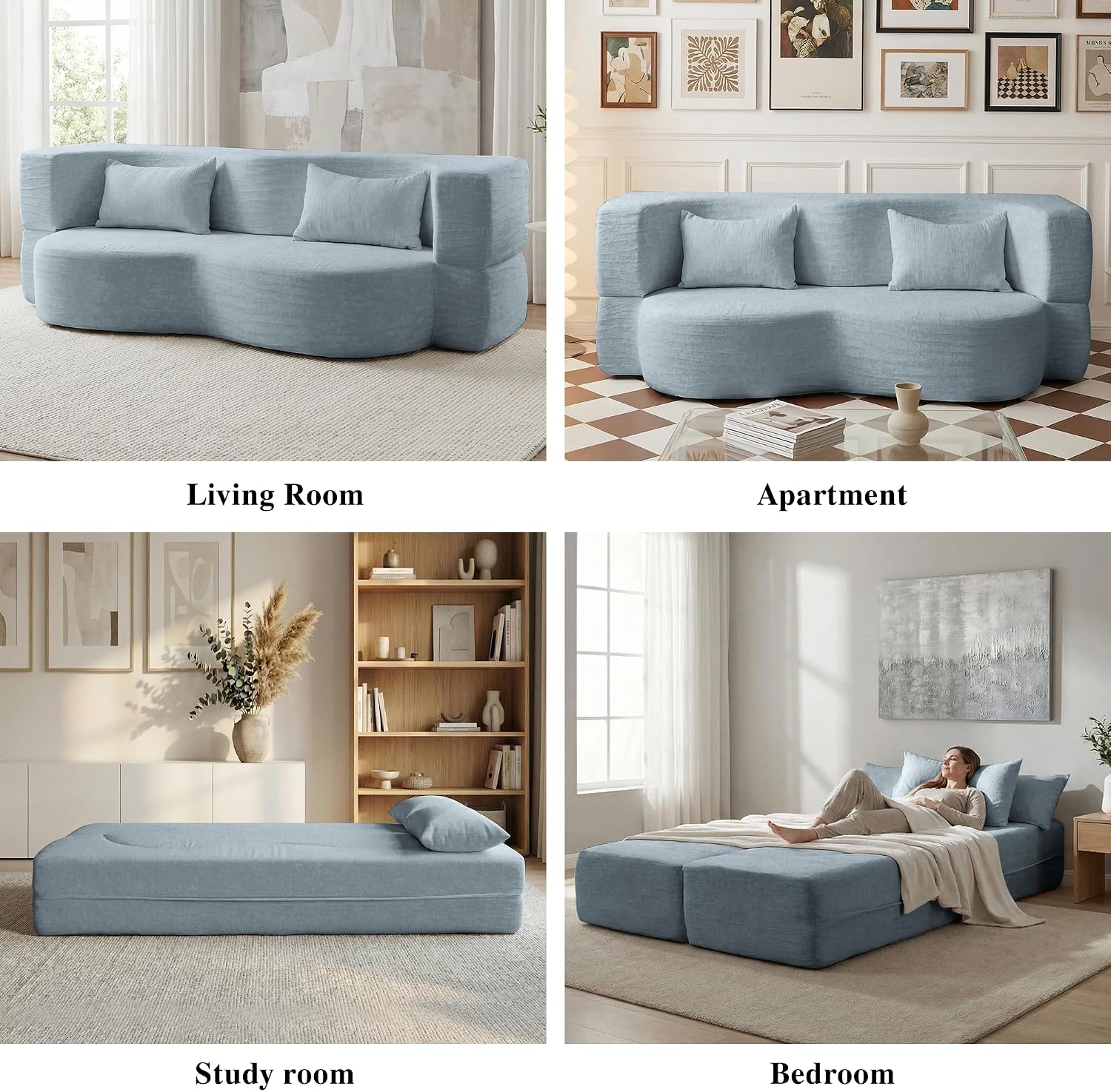 2-in-1 Convertible Sofa,78 Inch Pull Out Sofa Folding Sofa Bed with 2 Pilow Lazy Sofa, Teddy Loveseat Sleeper Floor Sofa for Apartment Children's Room Bedroom Living Room (Teddy, Light Blue)
