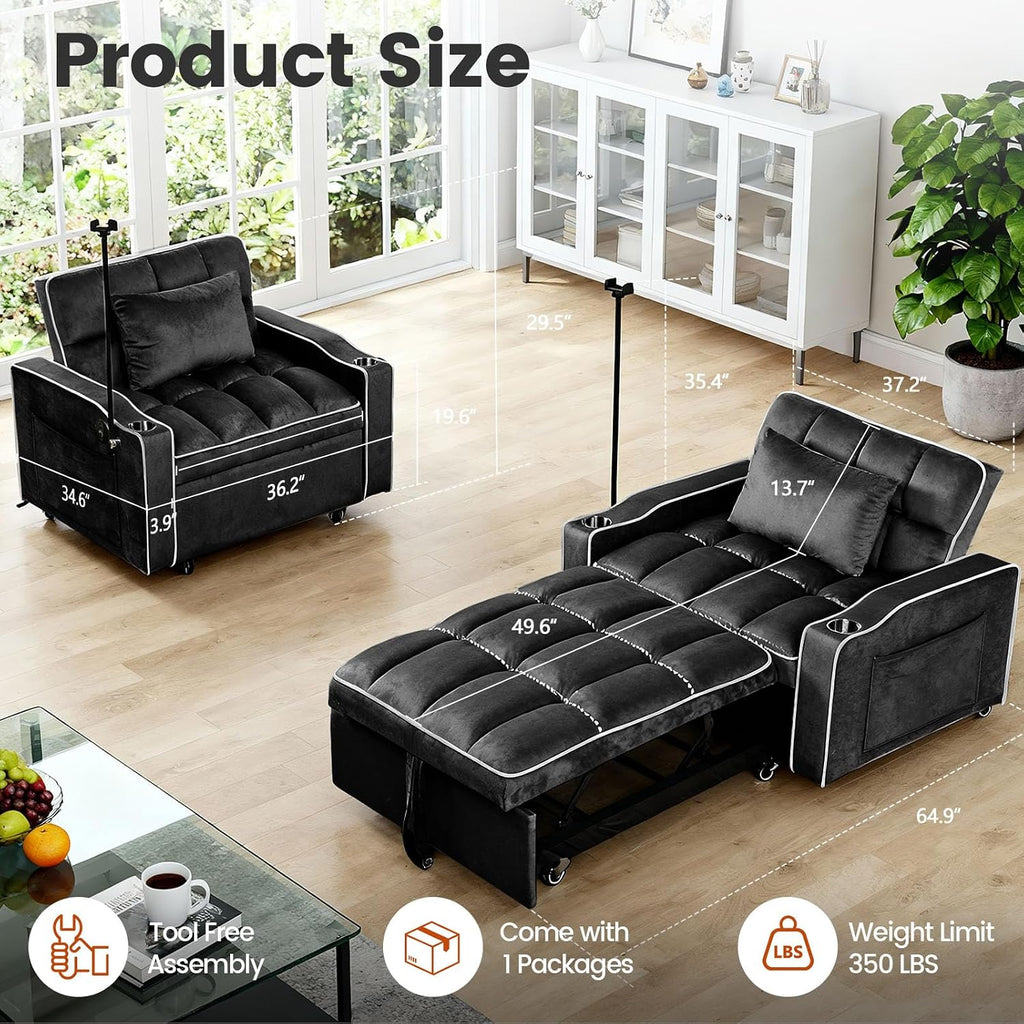 Convertible Sleeper Chair Bed, Pull Out Chair Sleeper with Bracket and Cup Holder, Chairs Bed Sleepers for Adults, 3 in 1 Sofa Bed Chairs for Small Spaces, Living Room, Black