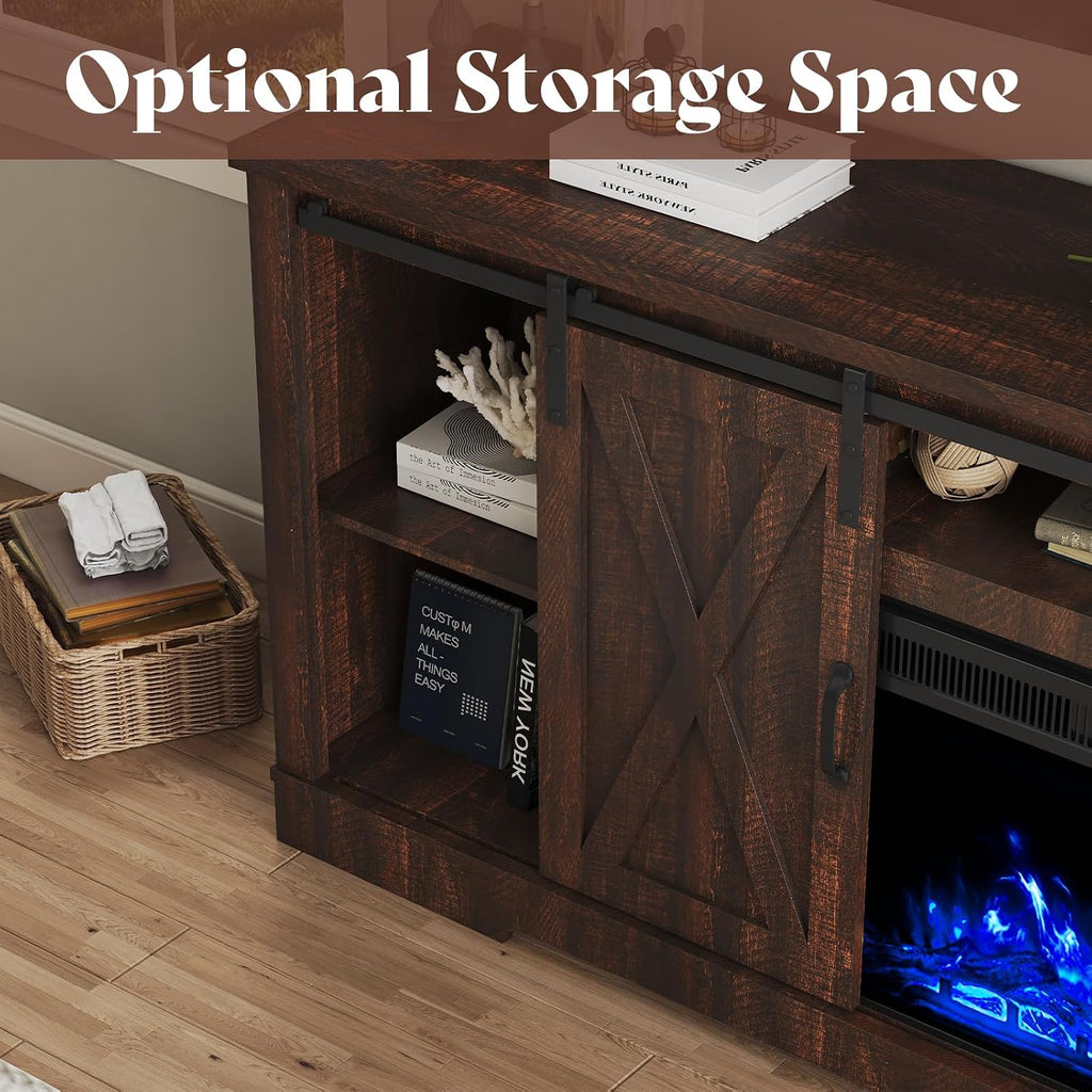 AMERLIFE Fireplace TV Stand with Sliding Barn Door for TVs up to 73', Farmhouse 63' Fireplace Entertainment Center with Storage Cabinets/Adjustable Shelves, Reclaimed Barnwood