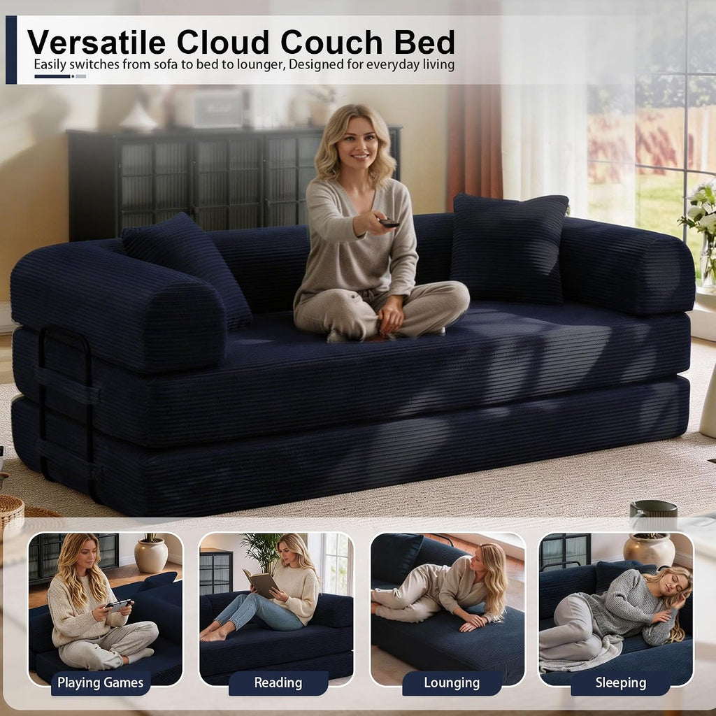 JJJ 78 inch Sofa Bed 4-in-1 Boneless Convertible Corduroy Sleeper Folding Couch with Fixed-Shape Frame and 2 Futons No Assemble Required 3 Seater Upholstered for Living Room (Blue, 78 inch)