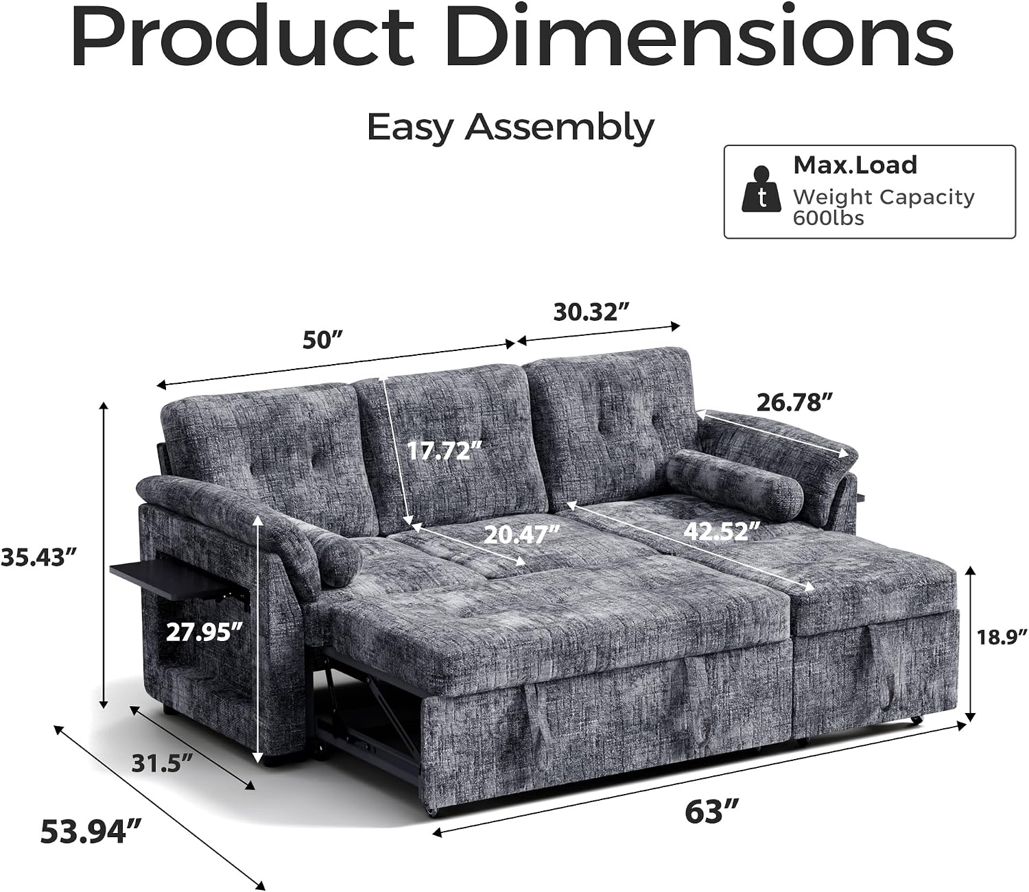 Convertible Sleeper Sofa Bed, 63 Inch Chenille Pull Out Couch with Side Table & Adjustable Backrest, Sectional Sleeper Sofa with Pull Out Bed for Living Room, Apartment, Gray