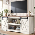 AMERLIFE 66' Farmhouse TV Stand for 75 Inches TVs, Entertainment Center with Sliding Barn Door and Adjustable Shelf & Feet, Console Table with Storage, Rustic White & Honey Brown