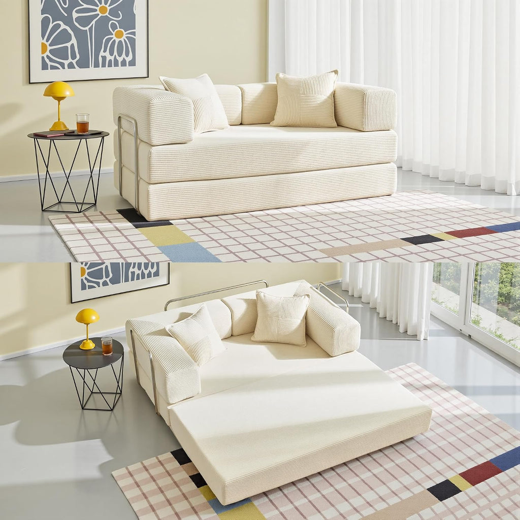 YINIX Sofa Bed, 62'' Folding Floor Couch, Compressed Convertable Sleeper Sofa, Memory Foam Couch with Pillow Back Support Armrest, 4-in-1 Futon Sofa Bed for Living Room, Ivory