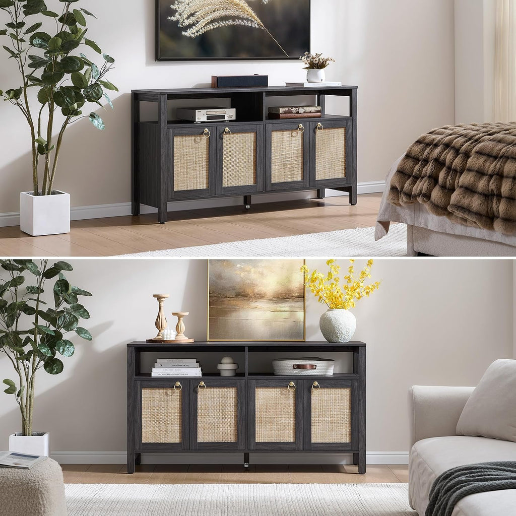SICOTAS Rattan TV Stand for Television up to 65 Inch - 29.5' Tall Entertainment Center with Storage and Open Shelves,Boho Credenza TV Console Cabinet with 4-Doors and Adjustable Shelf for Living Room