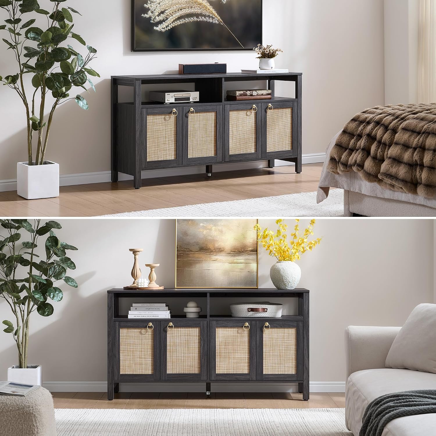 SICOTAS Rattan TV Stand for Television up to 65 Inch - 29.5' Tall Entertainment Center with Storage and Open Shelves,Boho Credenza TV Console Cabinet with 4-Doors and Adjustable Shelf for Living Room